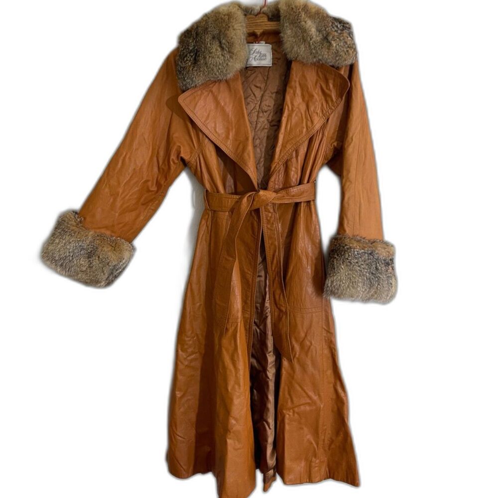 Vintage SAKS 5th Ave LEATHER Women's JACKET Coat Size 12 Fur Tailored Belted - Picture 8 of 16